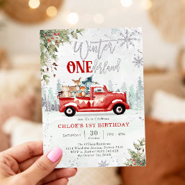 Convites Winter ONEderland Red Truck 1st Birthday Invitatio