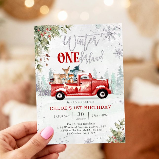 Convites Winter ONEderland Red Truck 1st Birthday Invitatio (Criador carregado)