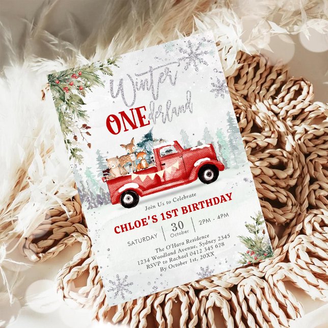 Convites Winter ONEderland Red Truck Girl 1st Birthday  (Criador carregado)