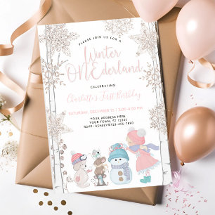 Convites Winter ONEderland Rosa Dourado Rosa 1º Aniversário