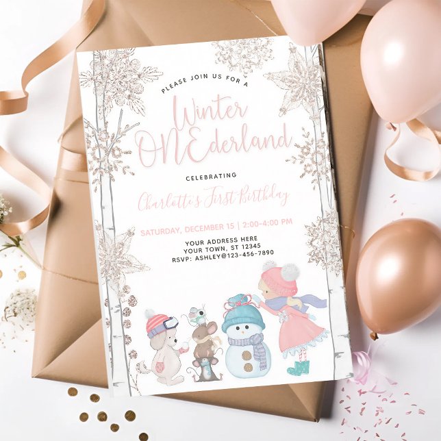 Convites Winter ONEderland Rosa Dourado Rosa 1º Aniversário (Criador carregado)