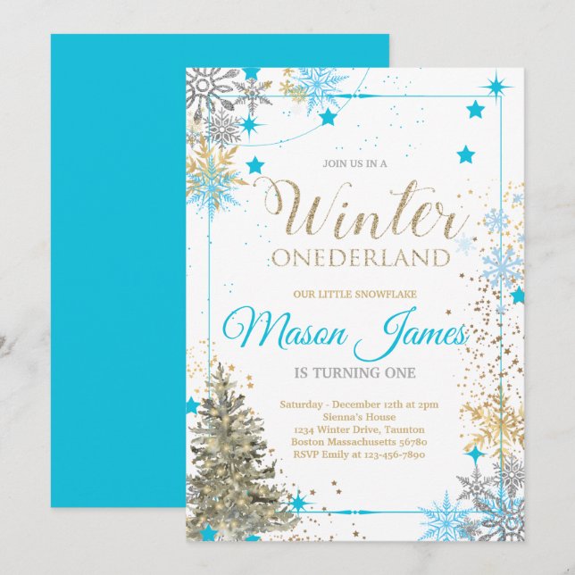 Convites WINTER ONEderland Silver Blue & Dourado primeiro a (Frente/Verso)
