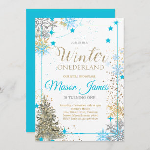 Convites WINTER ONEderland Silver Blue & Dourado primeiro a