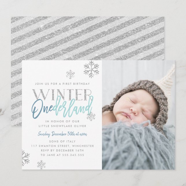 Convites Winter ONEderland Silver Blue primeiro aniversario (Frente/Verso)