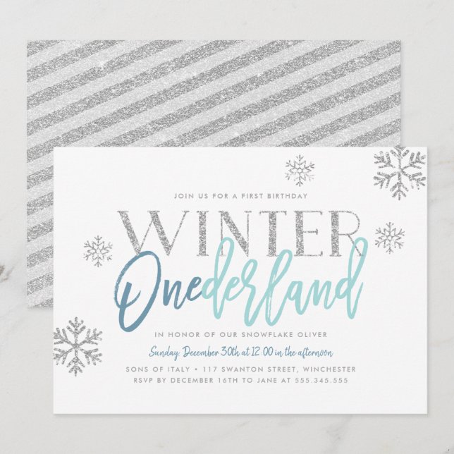 Convites Winter ONEderland Silver Glitter Blue primeiro ani (Frente/Verso)