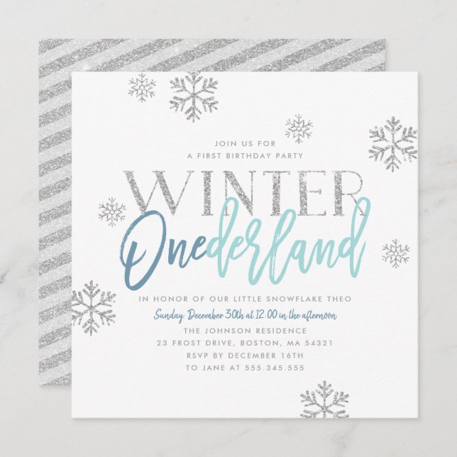 Convites Winter ONEderland Silver Glitter Blue primeiro ani (Frente/Verso)