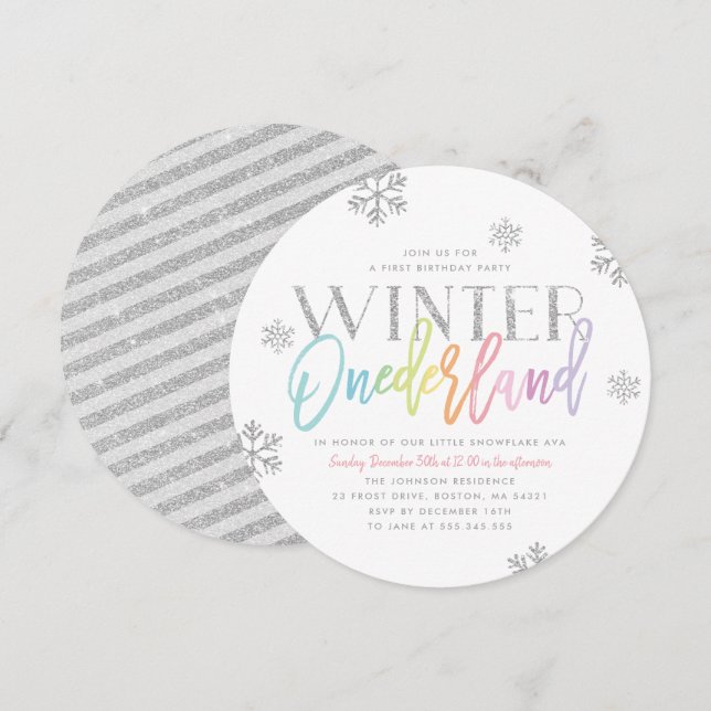 Convites Winter ONEderland Silver Rainbow primeiro aniversa (Frente/Verso)