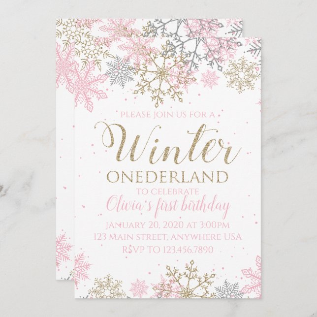 Convites Winter Onederland Snowflake First Birthday Invite (Frente/Verso)