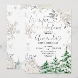 Convites Winter Onederland Snowflake White Floral Birthday