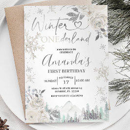 Convites Winter Onederland Snowflake White Floral Birthday