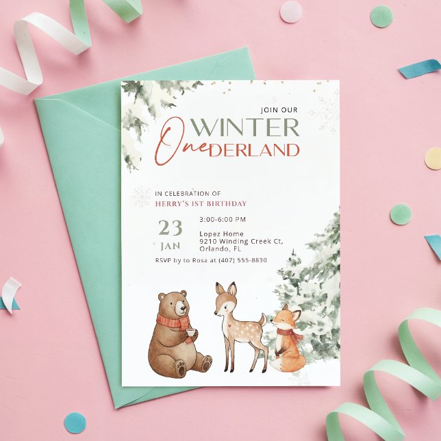 Convites Winter Onederland Watercolor Animal First Birthday (Criador carregado)