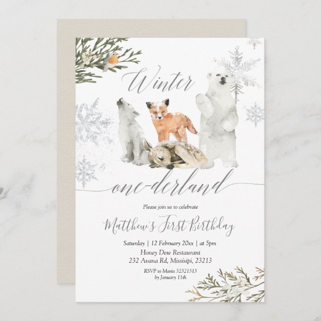 Convites Winter Onederland Woodland Animal Birday (Frente/Verso)