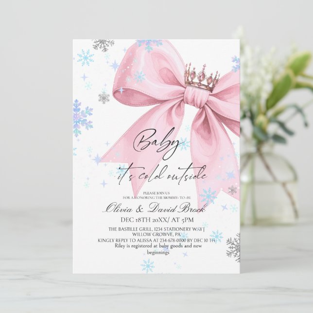 Convites Winter Pastel Pink Bow Baby Shower (Em pé/Frente)