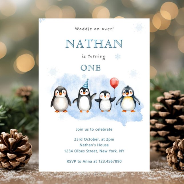 Convites Winter Penguin First Birthday Invitation (penguin birthday invitation,
penguin first birthday,
winter birthday invite,
arctic animal birthday,)