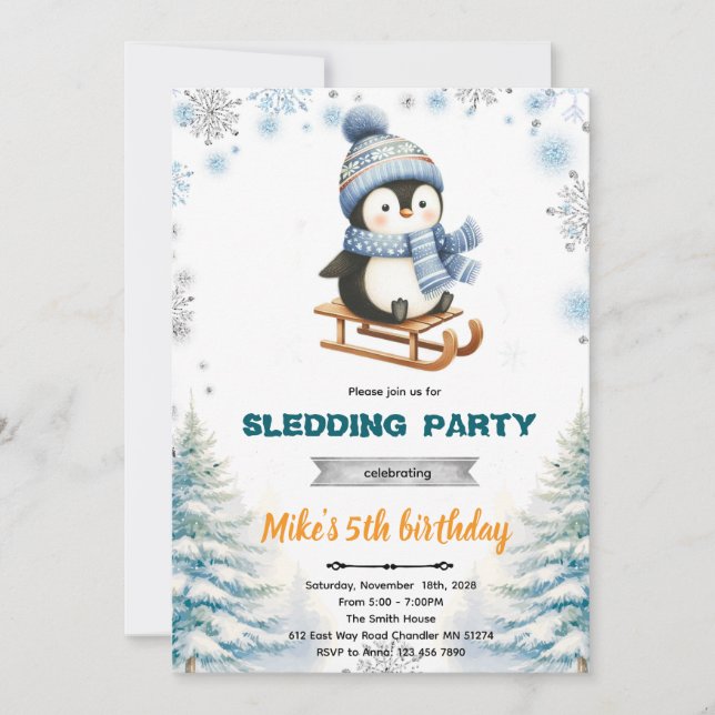 Convites Winter penguin sledding invitation (Frente)