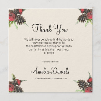 Convites Winter Pine Cone and Berry Funeral Thank You Cards