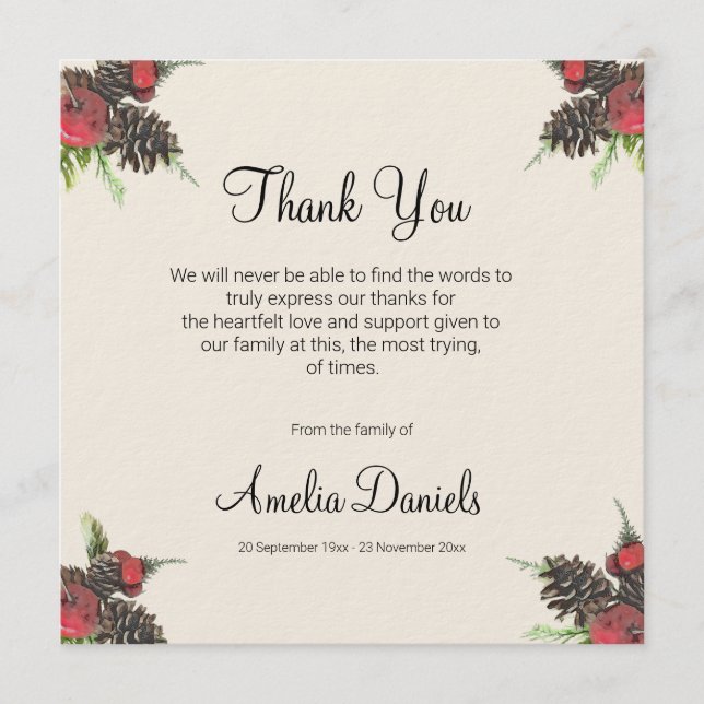 Convites Winter Pine Cone and Berry Funeral Thank You Cards (Frente)