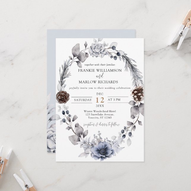 Convites Winter Pine Cone Floral Wreath Boho Weding Invita (Frente/Verso In Situ)