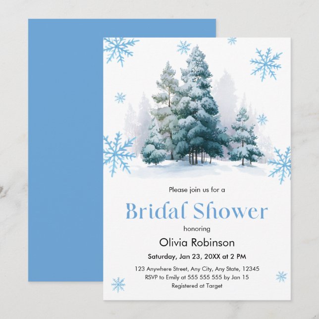 Convites Winter Pine Trees Snowflakes Bridal Shower (Frente/Verso)