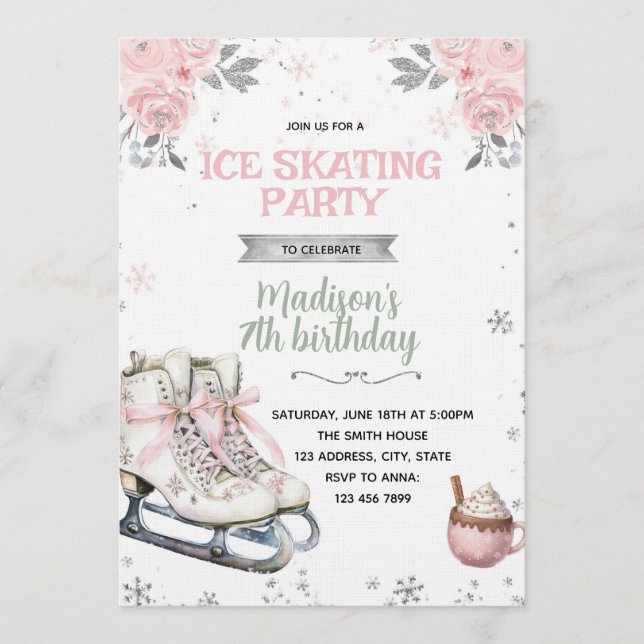 Convites Winter Pink and Silver Skating invitation (Frente)