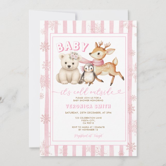 Convites Winter Pink Baby It’s Cold Outside Baby Shower (Frente)