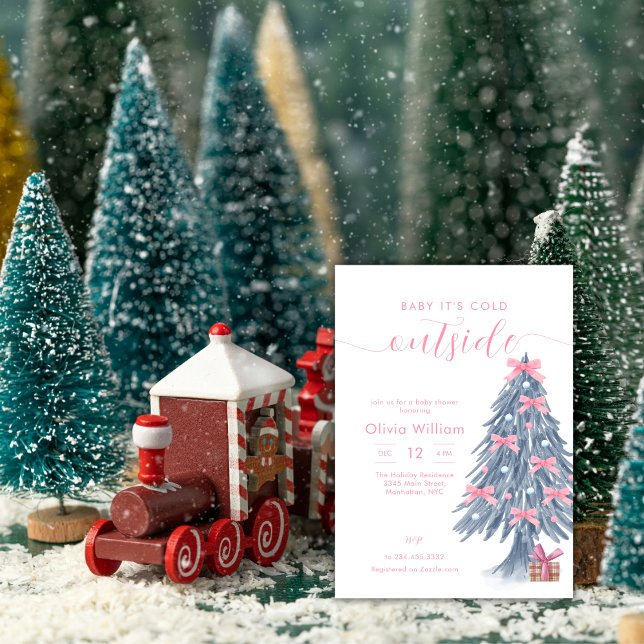 Convites Winter Pink Bow Christmas Tree Baby Shower (Winter Pink Bow Christmas Tree Baby Shower Invitation)