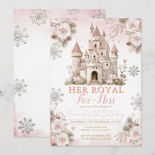 Convites Winter Pink Snowflake Her royal fiveness Birthday (Frente/Verso)