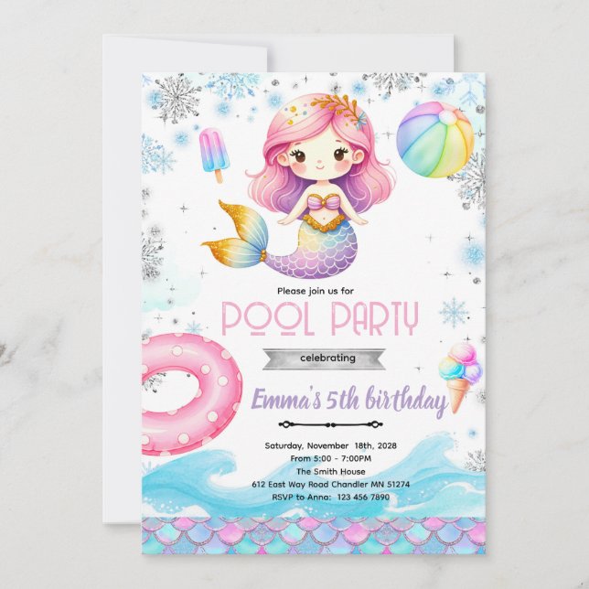 Convites Winter pool mermaid party invitation (Frente)
