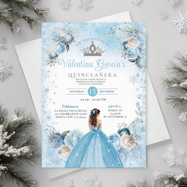 Convites Winter Quinceañera Snowflakes Dusty Blue Crown (Criador carregado)