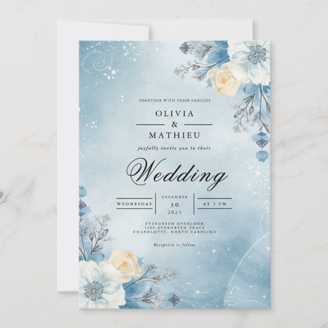 Convites Winter Sky Floral Flourish Wedding (Frente)