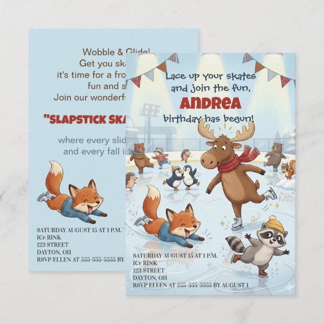 Convites Winter Slapstick Ice Skating Birthday Invitation (Frente/Verso)