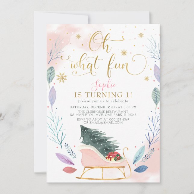 Convites Winter Sleigh Oh Que primeiro aniversario De Natal (Frente)