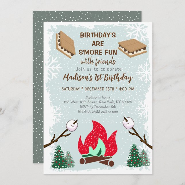 Convites Winter S'mores Campfire Chocolate Birthday (Frente/Verso)