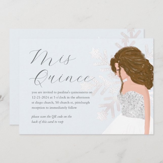 Convites Winter Snow 15 Birthday Quinceañera Código QR (Frente/Verso)