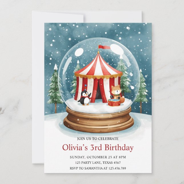 Convites Winter Snow Globe Circus Birthday (Frente)