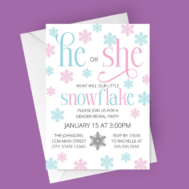Convites Winter Snowflake Gender Reveal Invitation (He or She Snowflake Be Winter Gender Reveal Party with Pink and Blue Snowflakes)