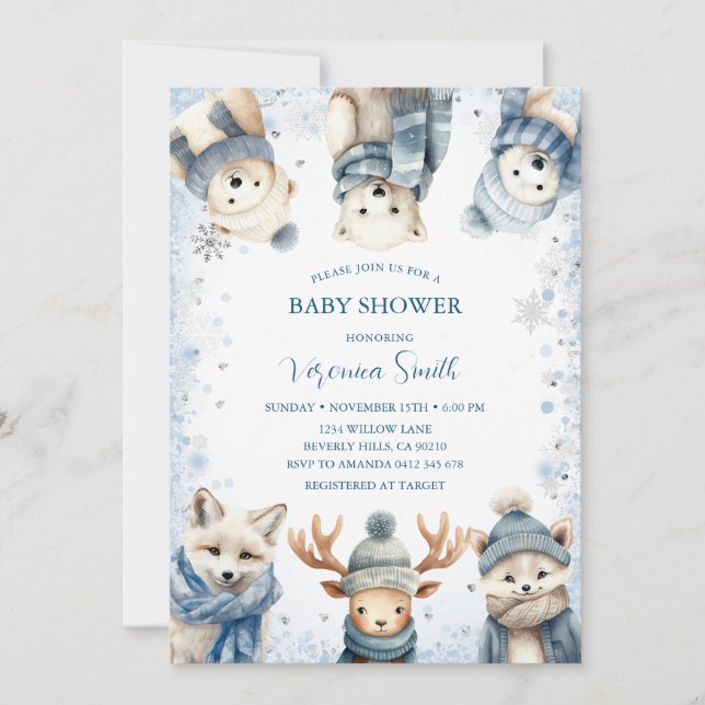 Convites Winter Snowflake Woodland Animals Baby Shower (Frente)