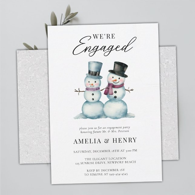 Convites Winter Snowmen Engraçada Festa de noivado Bonita (funny casual engagement party snowman winter cute humor watercolor snow in love were engaged)