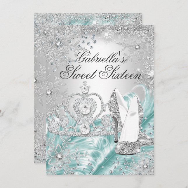 Convites Winter Sparkle Snowflake Blue Sweet 16 Invite (Frente/Verso)