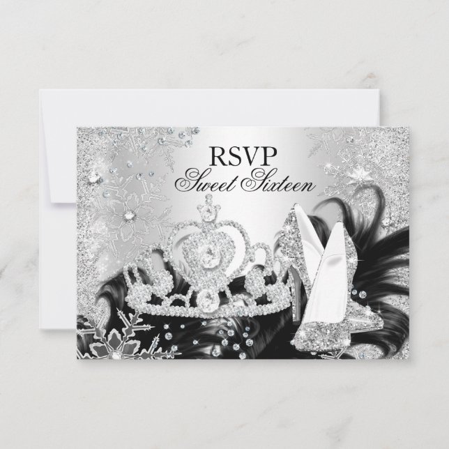 Convites Winter Sparkle Snowflake Silver Sweet 16 RSVP (Frente)