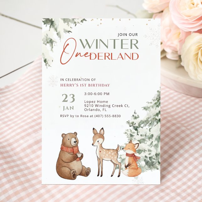 Convites Winter Watercolor Animal Onederland First Birthday (Criador carregado)