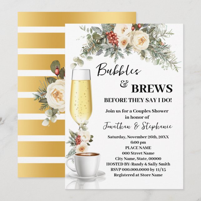 Convites Winter White Floral Bubbles & Brews Coffee Shower (Frente/Verso)