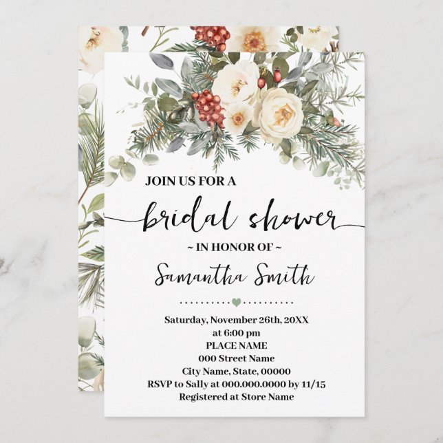 Convites Winter White Flowers Bridal Shower (Frente/Verso)