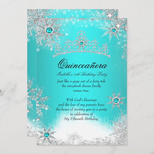 Convites Winter Wonderland Aqua Blue Quinceanera Party (Frente/Verso)