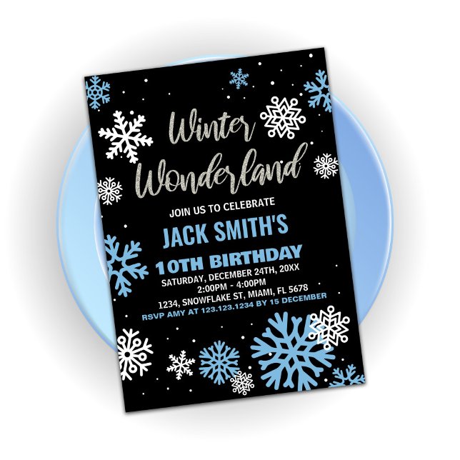 Convites Winter Wonderland Birthday Invances Blue Black (Winter Wonderland Birthday Invitations Blue Black)