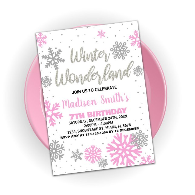 Convites Winter Wonderland Birthday Invances Pink White (Winter Wonderland Birthday Invitations Pink White)