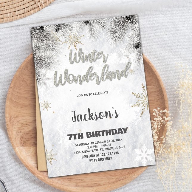 Convites Winter Wonderland Birthday Invents Pine Silver (Winter Wonderland Birthday Invitations Pine Silver)