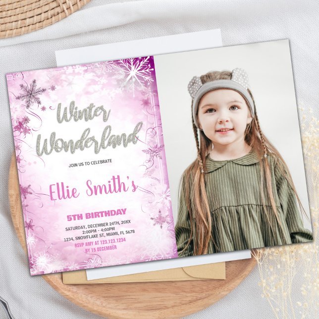 Convites Winter Wonderland Birthday Invoca Foto Rosa (Winter Wonderland Birthday Invitations Pink photo)