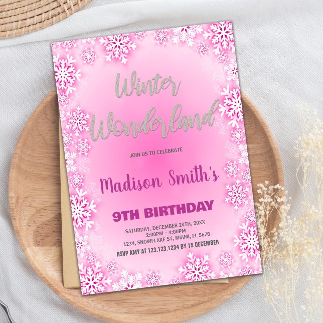 Convites Winter Wonderland Birthday Invoca Neve Rosa (Winter Wonderland Birthday Invitations Pink Snow)