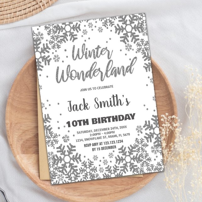 Convites Winter Wonderland Birthday Invoca Prata (Winter Wonderland Birthday Invitations Silver)